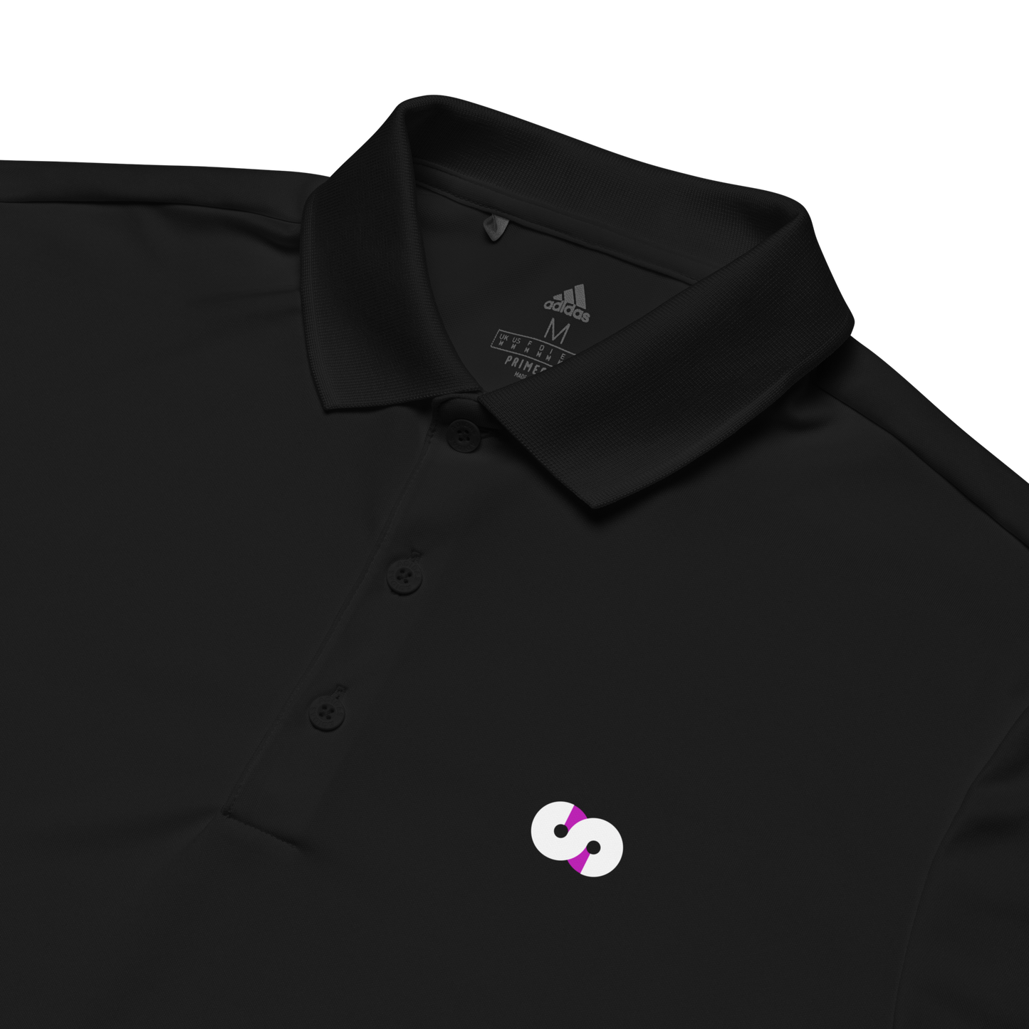Polo Negro VOOM x adidas — The Discipline Code con logotipo “S” blanco y morado bordado sobre tejido transpirable negro