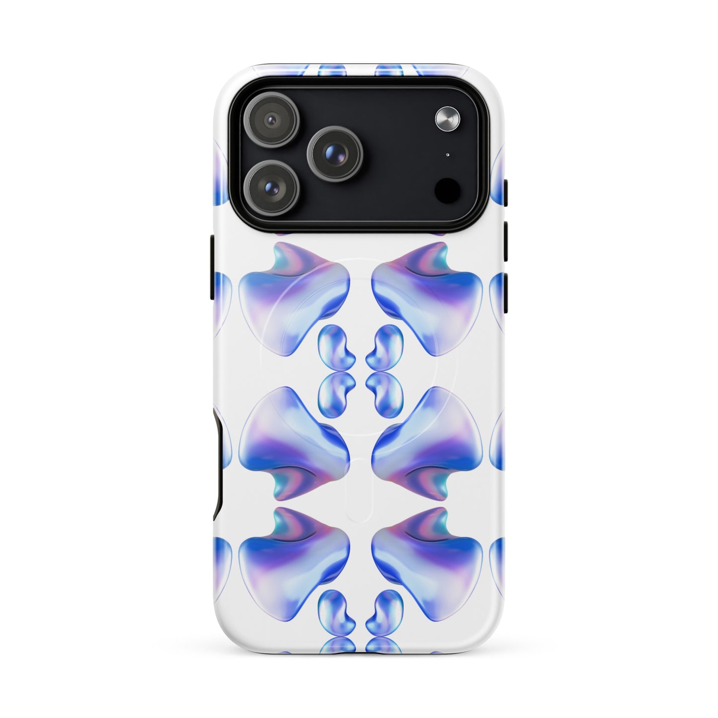 Funda MagSafe® VOOM para iPhone — The Flow Pattern Case con diseño abstracto simétrico en tonos azul y púrpura sobre fondo blanco.