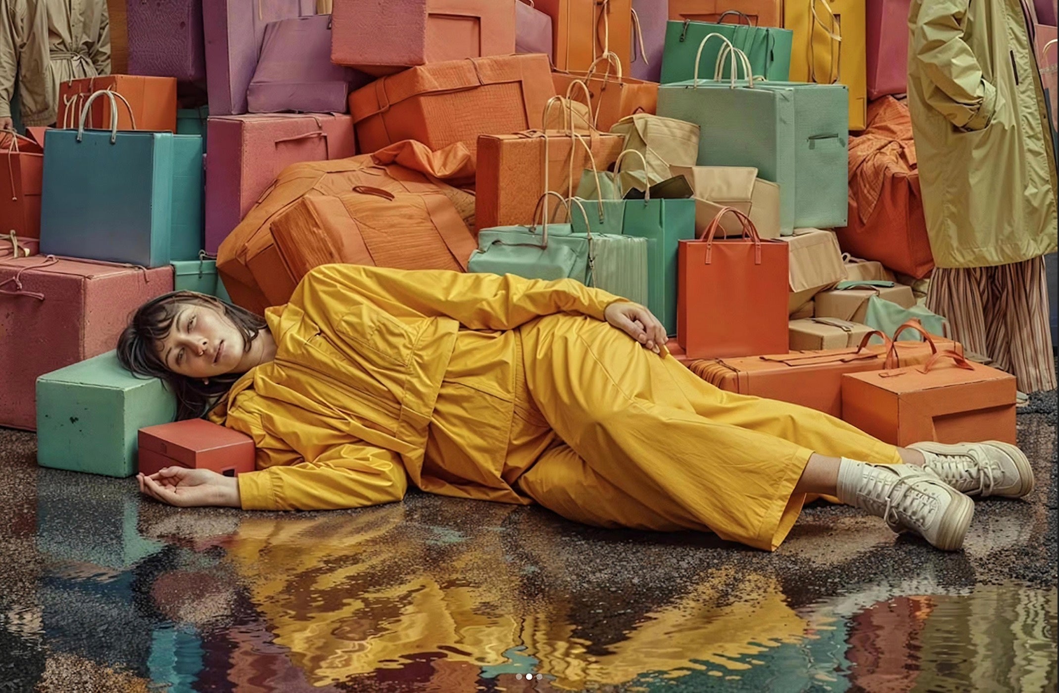Persona vestida de amarillo acostada en piso reflectante junto a numerosas bolsas y cajas de colores anaranjados y verdes