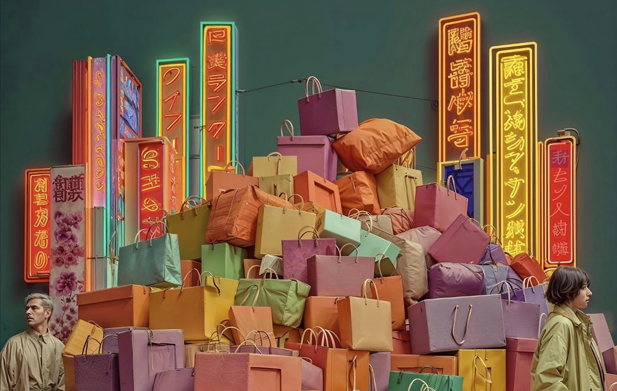 Montaña de bolsas de papel de colores variados frente a pantallas luminosas con caracteres asiáticos en neón.