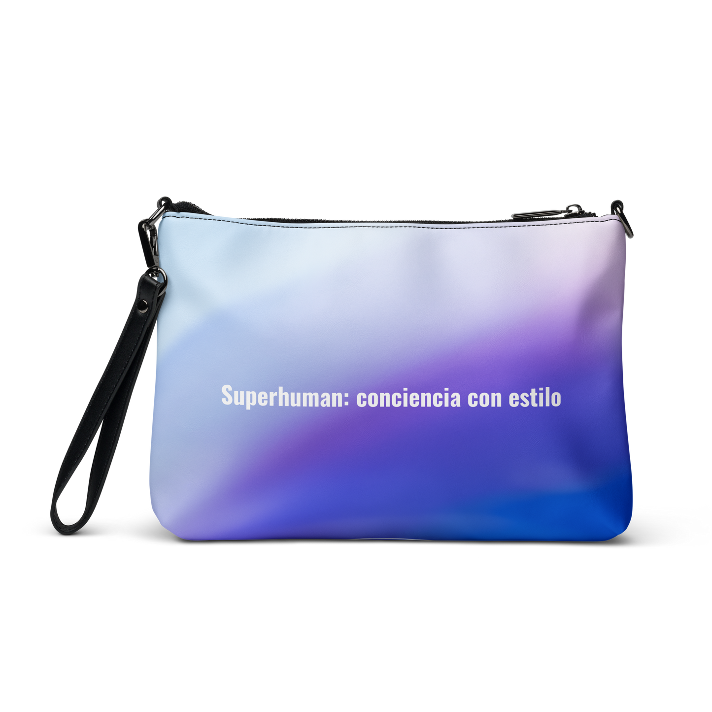 Bolso VOOM — Superhuman: conciencia con estilo en degradado azul y violeta con correa negra y cierre superior