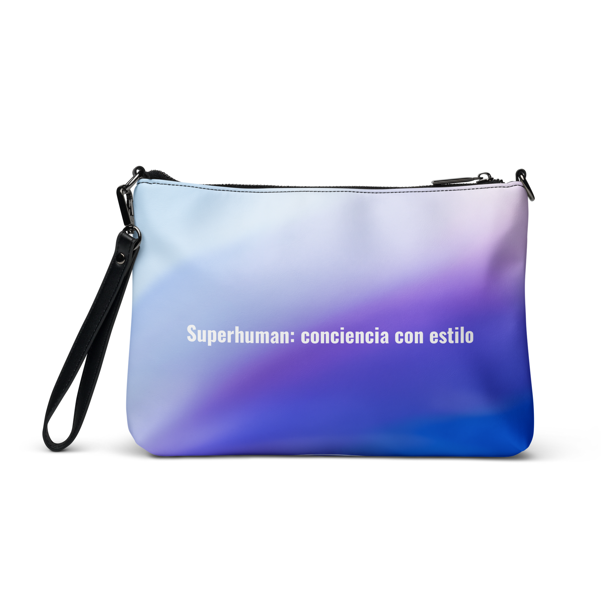 Bolso VOOM — Superhuman: conciencia con estilo en degradado azul y violeta con correa negra y cierre superior