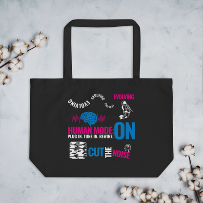 Ecobolsa VOOM “Human Mode: ON” extendida sobre fondo claro, con diseño gráfico en fucsia, azul y blanco
