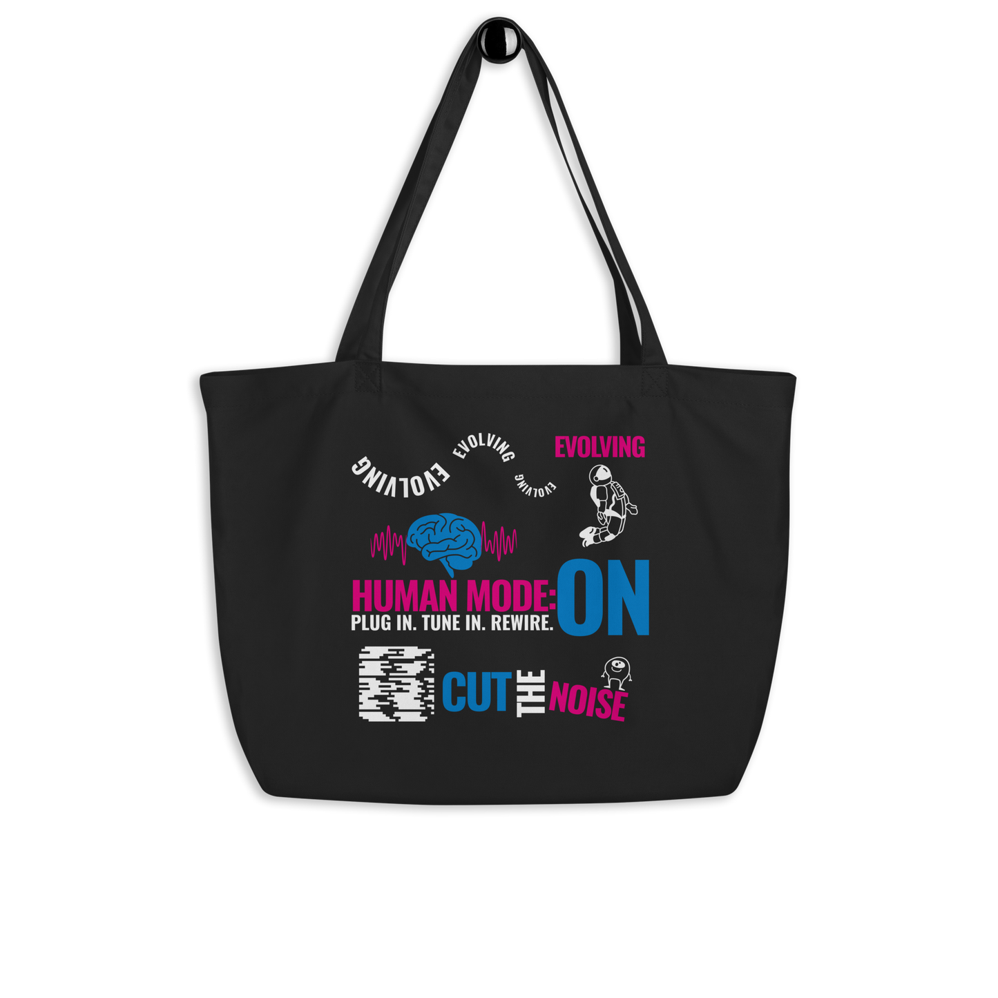 Vista frontal de la Ecobolsa VOOM “Human Mode: ON” con diseño evolutivo, cerebro azul y texto motivacional