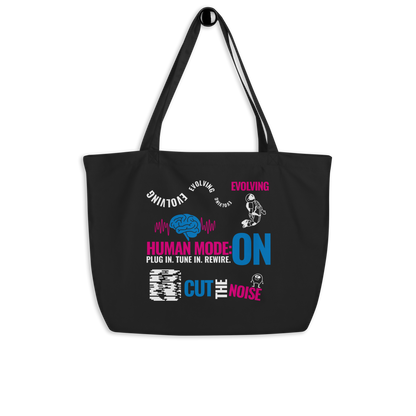 Vista frontal de la Ecobolsa VOOM “Human Mode: ON” con diseño evolutivo, cerebro azul y texto motivacional
