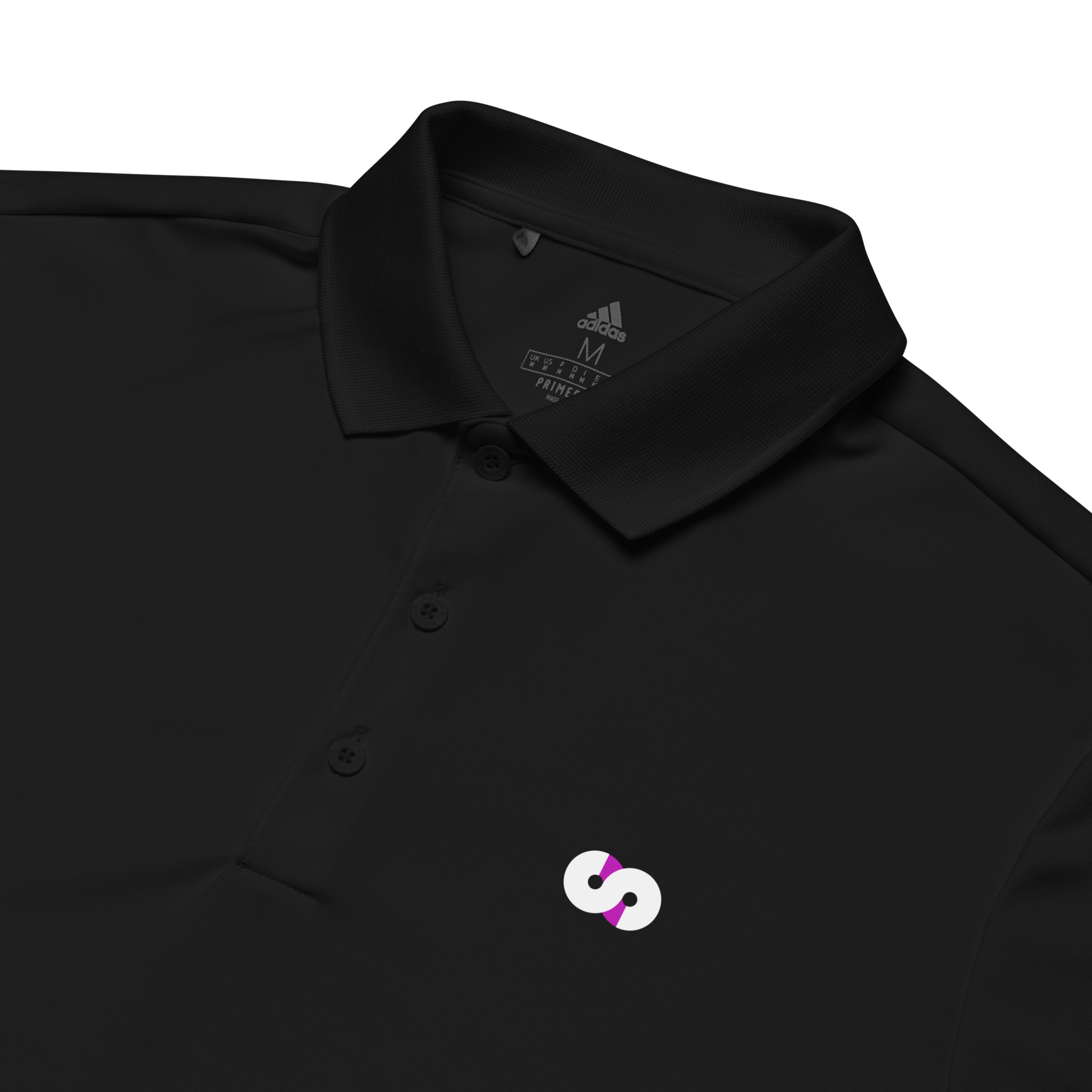 Polo Negro VOOM x adidas — The Discipline Code con logotipo “S” blanco y morado bordado sobre tejido transpirable negro