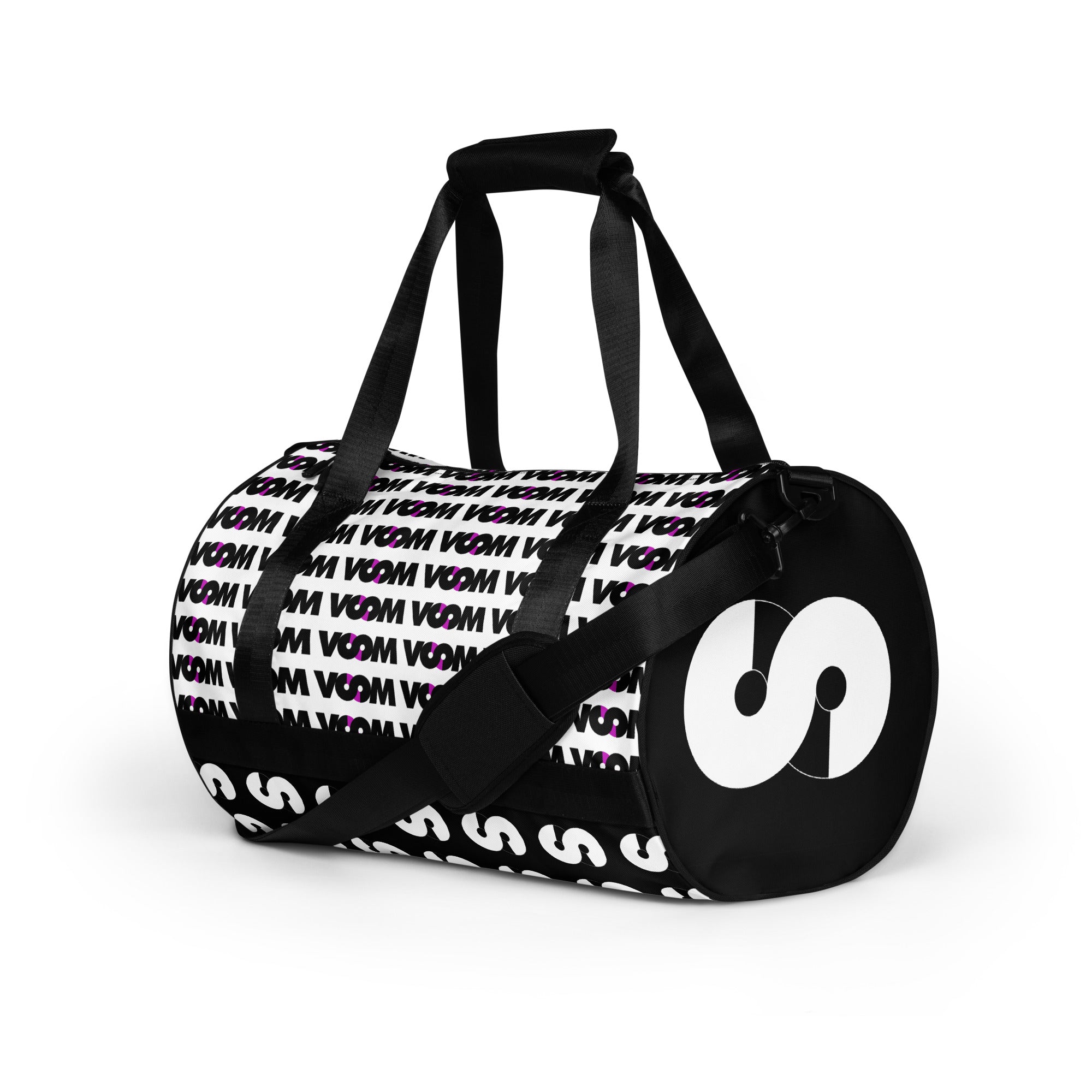 Bolsa Deportiva VOOM — The Motion Field con estampado repetitivo VOOM en blanco, negro y detalle púrpura con correas acolchadas