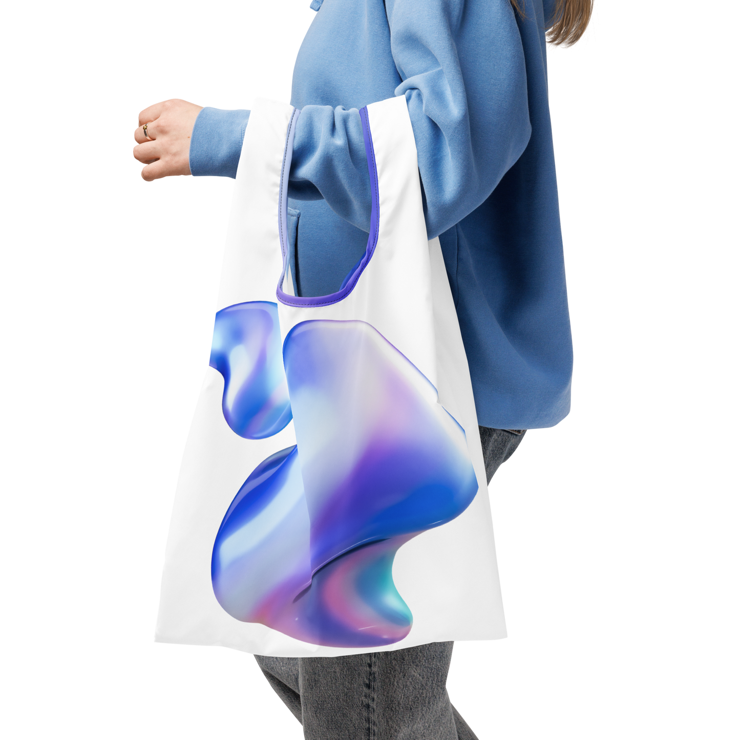 Bolsa de la compra reutilizable VOOM — The Fluid Loop con diseño fluido en tonos púrpura y azul, asas dobles y costuras reforzadas