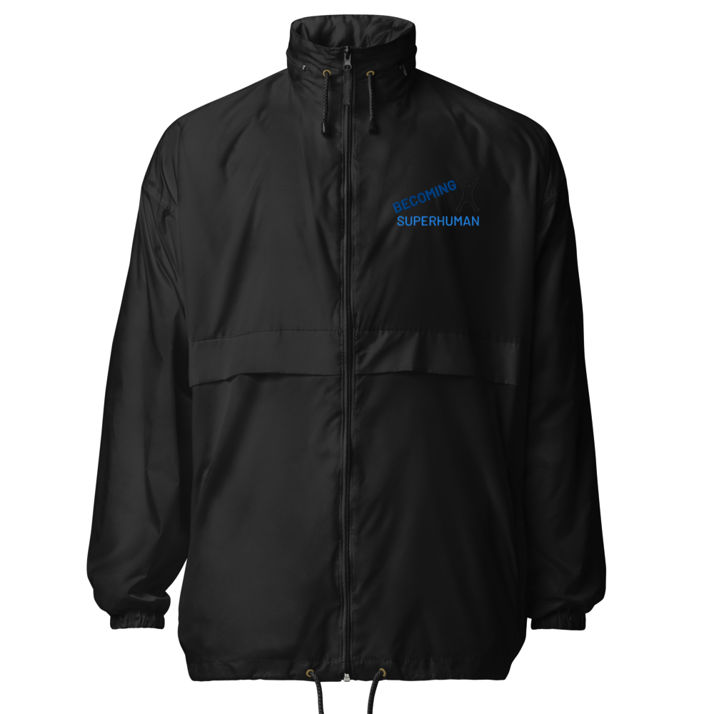 Cortavientos Negro Unisex VOOM — The Motion Code visto de frente con cremallera y detalle azul en el pecho