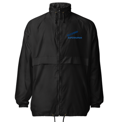 Cortavientos Negro Unisex VOOM — The Motion Code visto de frente con cremallera y detalle azul en el pecho