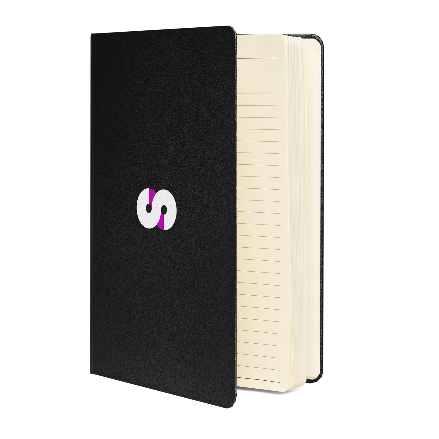 Cuaderno de Tapa Dura VOOM — The Archive Code con cubierta UltraHyde negra, logo central blanco y púrpura, páginas crema rayadas abiertas.
