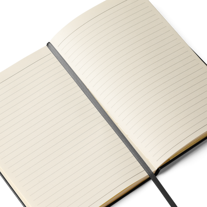 Cuaderno de Tapa Dura VOOM — The Archive Code abierto mostrando páginas crema rayadas y marcador de cinta gris