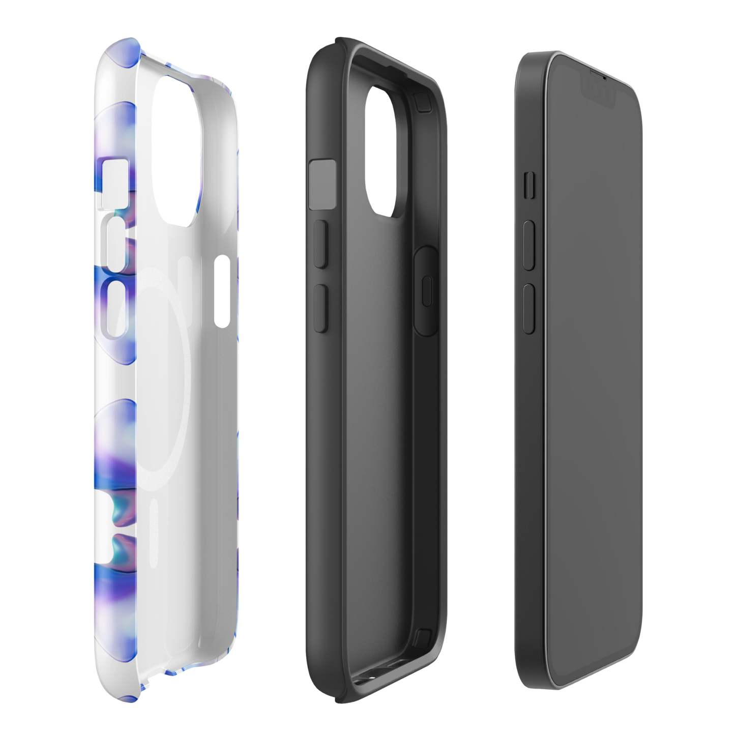 Funda MagSafe® VOOM para iPhone — The Flow Pattern Case mostrando estructura interna y diseño exterior en varios ángulos