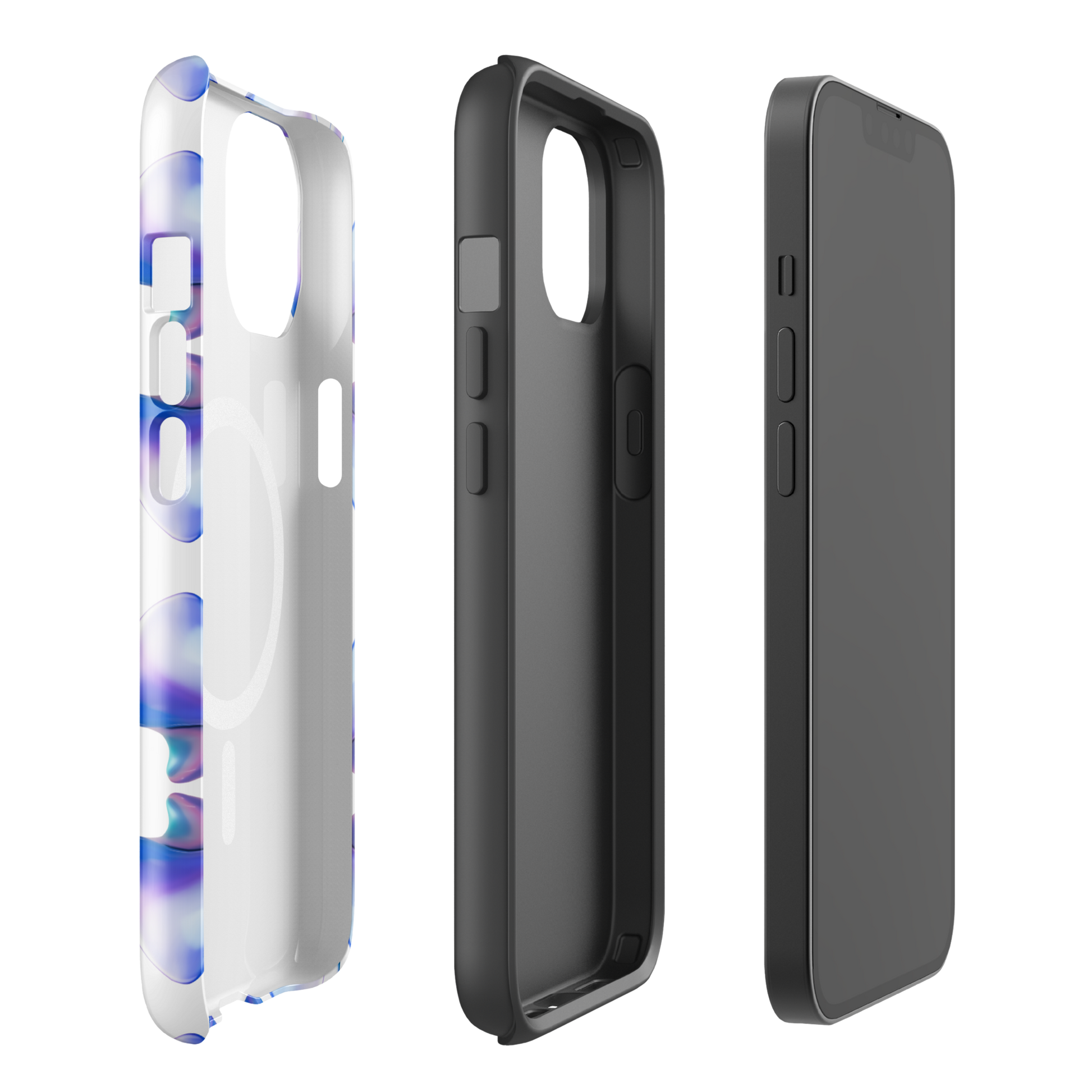 Funda MagSafe® VOOM para iPhone — The Flow Pattern Case mostrando estructura interna y diseño exterior en varios ángulos