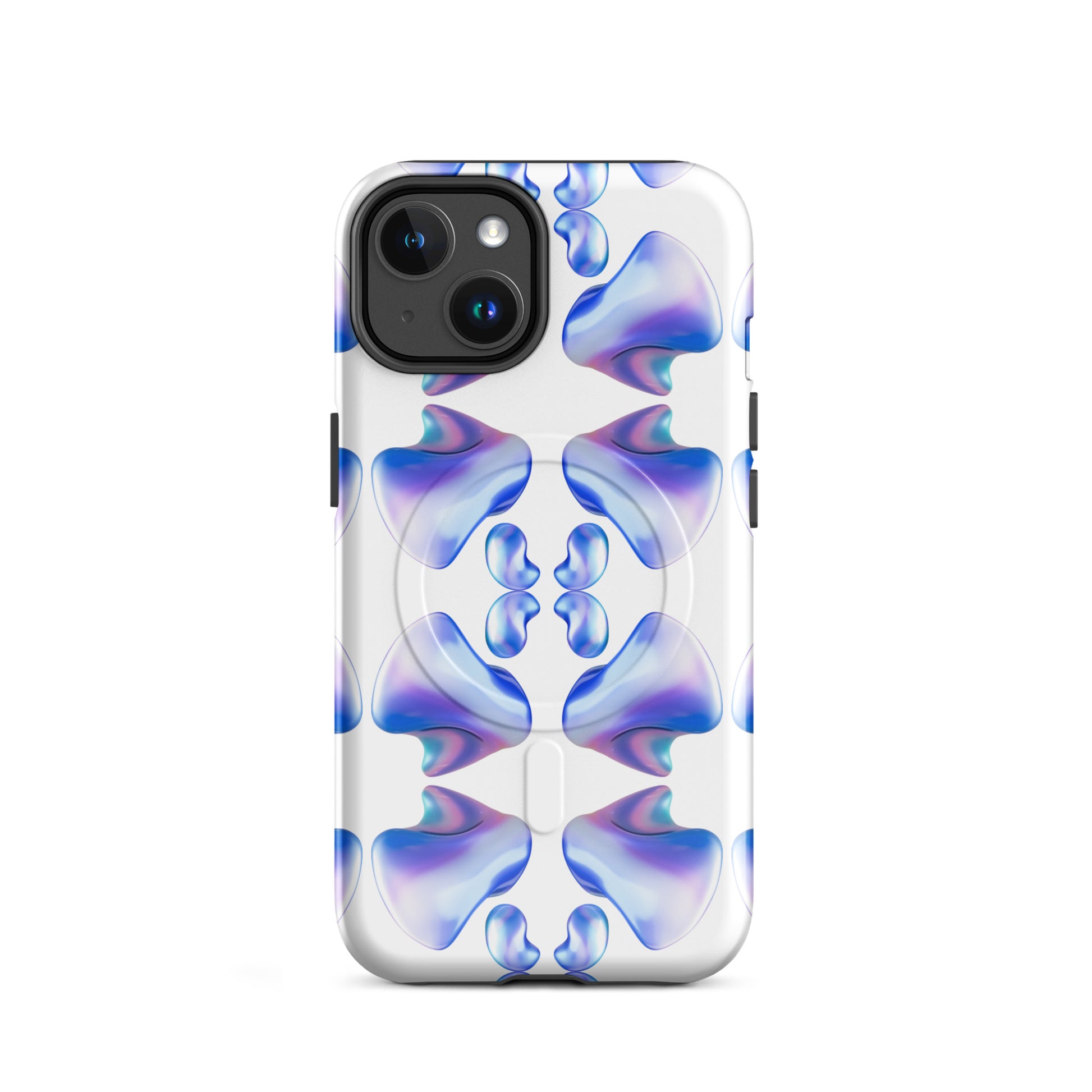 Funda MagSafe® VOOM para iPhone — The Flow Pattern Case con diseño orgánico en tonos azul y violeta sobre fondo transparente.