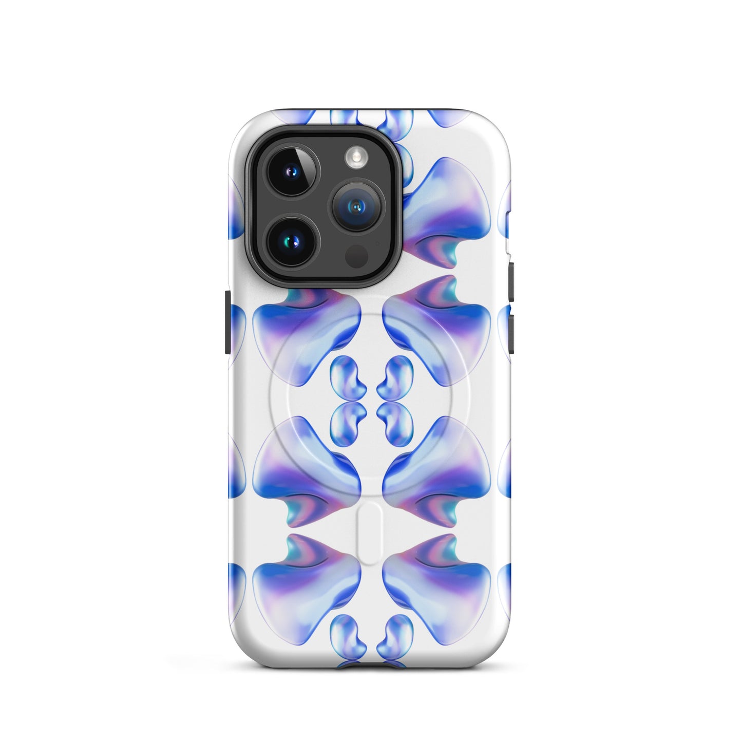 Funda MagSafe® VOOM para iPhone — The Flow Pattern Case con diseño fluido simétrico en tonos azul y violeta sobre fondo transparente