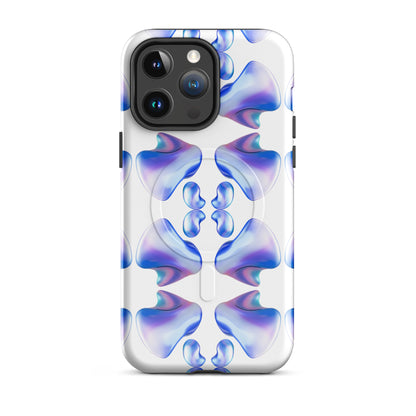 Funda MagSafe® VOOM para iPhone — The Flow Pattern Case con diseño geométrico en tonos azul y lila brillante sobre fondo blanco.