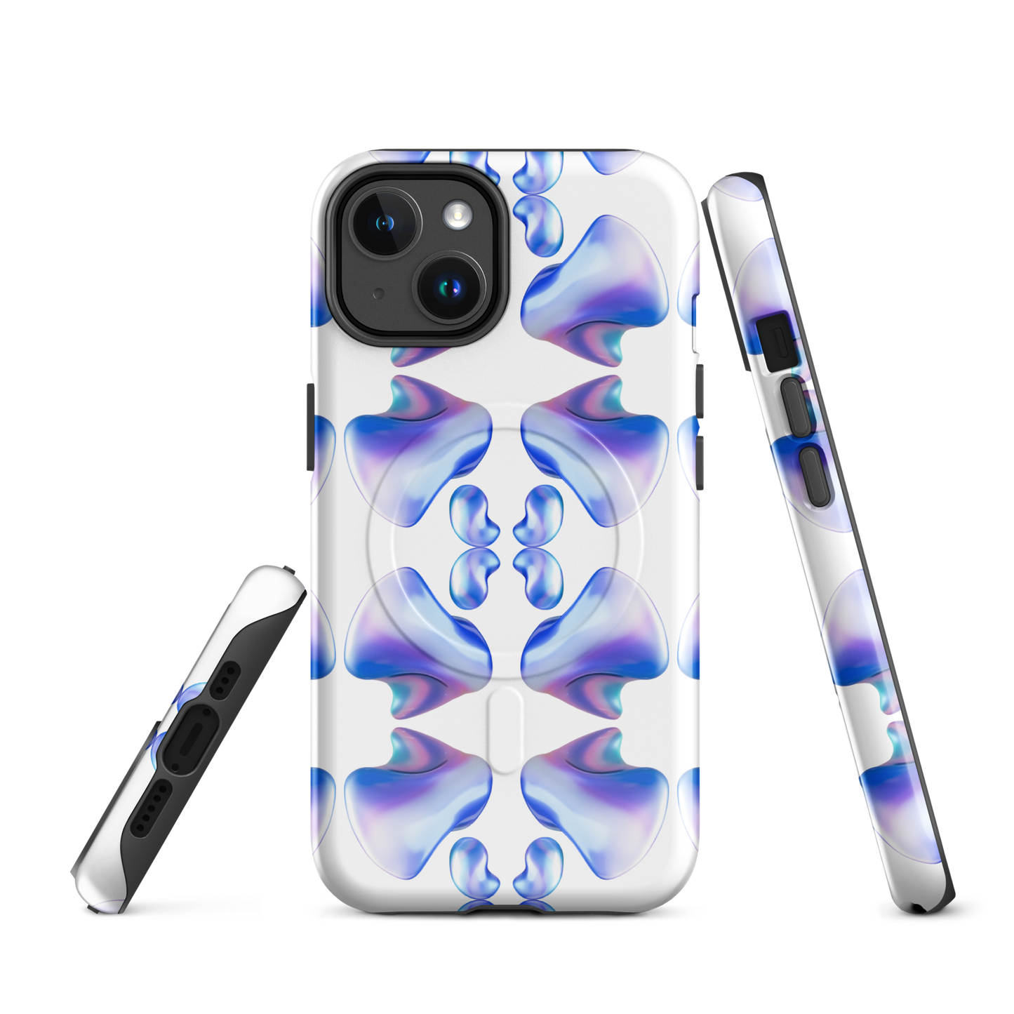 Funda MagSafe® VOOM para iPhone — The Flow Pattern Case con diseño abstracto en tonos azul y morado desde varios ángulos