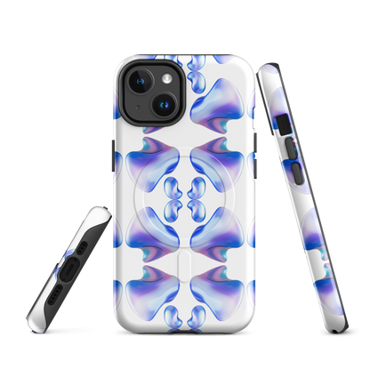 Funda MagSafe® VOOM para iPhone — The Flow Pattern Case con diseño abstracto en tonos azul y morado desde varios ángulos