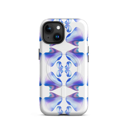 Funda MagSafe® VOOM para iPhone — The Flow Pattern Case con diseño simétrico azul y lila sobre fondo blanco transparente