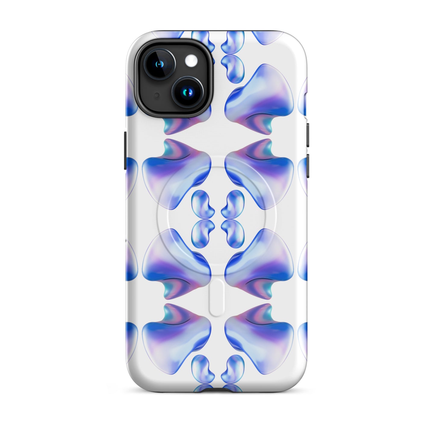 Funda MagSafe® VOOM para iPhone — The Flow Pattern Case con diseño abstracto simétrico en tonos azul y lila sobre fondo blanco