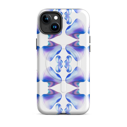 Funda MagSafe® VOOM para iPhone — The Flow Pattern Case con diseño abstracto simétrico en tonos azul y lila sobre fondo blanco