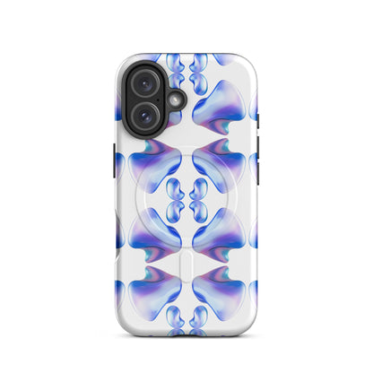 Funda MagSafe® VOOM para iPhone — The Flow Pattern Case con diseño abstracto simétrico en tonos azul y lila sobre fondo blanco transparente