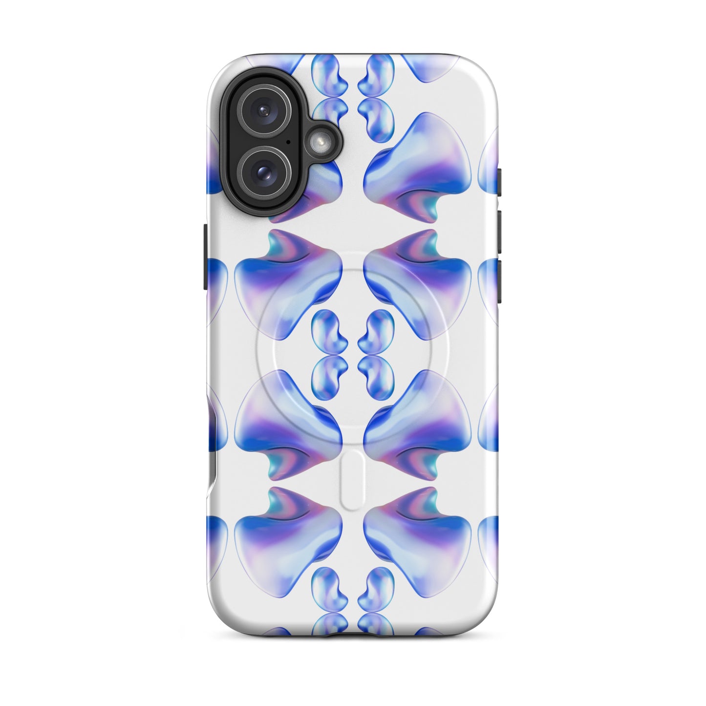 Funda MagSafe® VOOM para iPhone — The Flow Pattern Case con diseño abstracto simétrico en tonos azul y lila sobre fondo blanco transparente