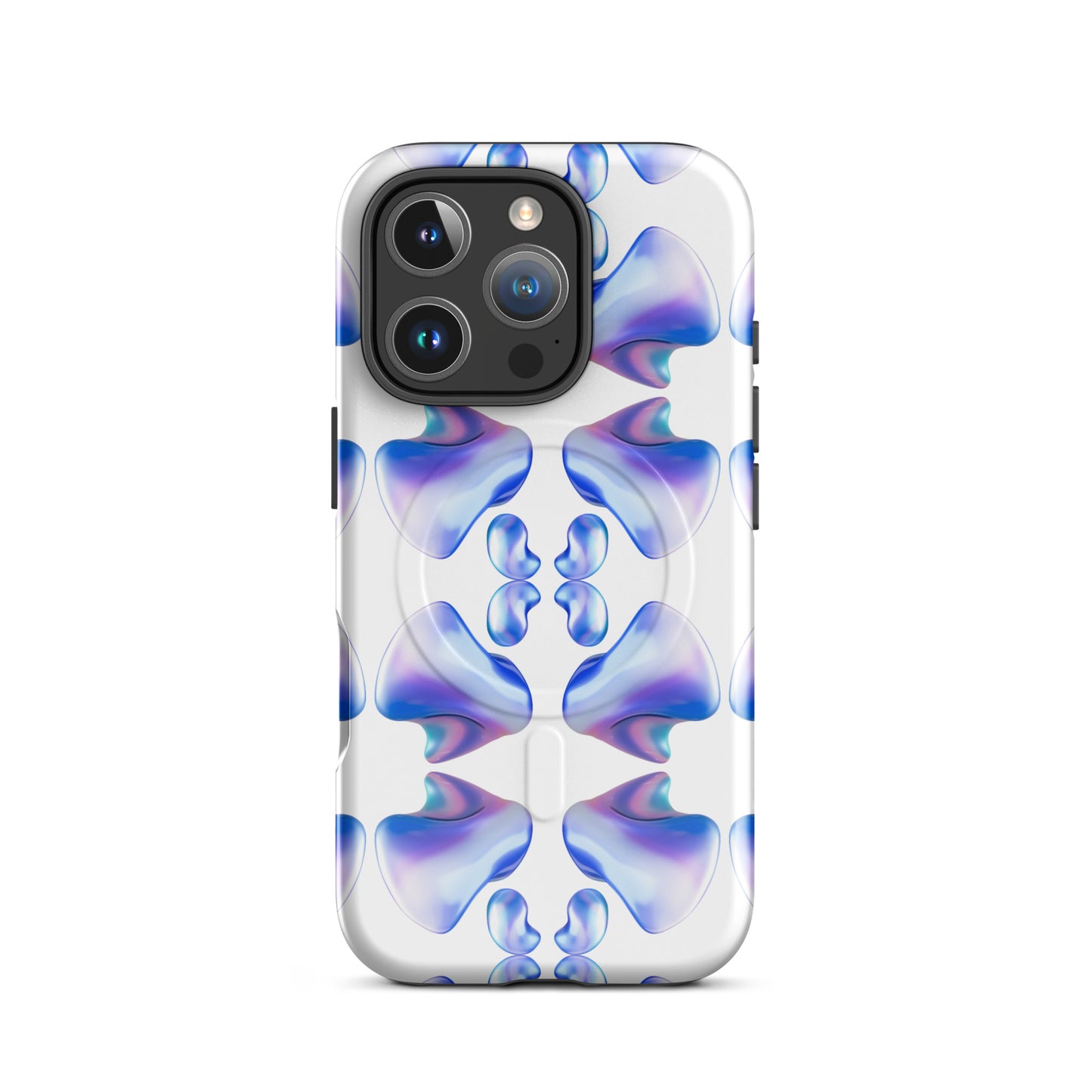 Funda MagSafe® VOOM para iPhone — The Flow Pattern Case con diseño fluido orgánico en tonos azul y púrpura sobre fondo claro transparente