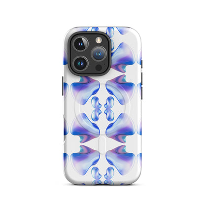 Funda MagSafe® VOOM para iPhone — The Flow Pattern Case con diseño fluido orgánico en tonos azul y púrpura sobre fondo claro transparente