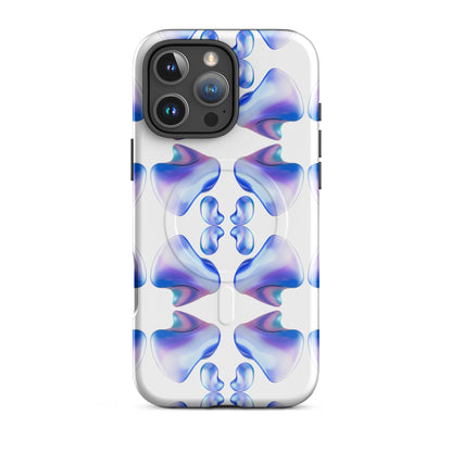 Funda MagSafe® VOOM para iPhone — The Flow Pattern Case con diseño abstracto simétrico en tonos azul y morado sobre fondo blanco