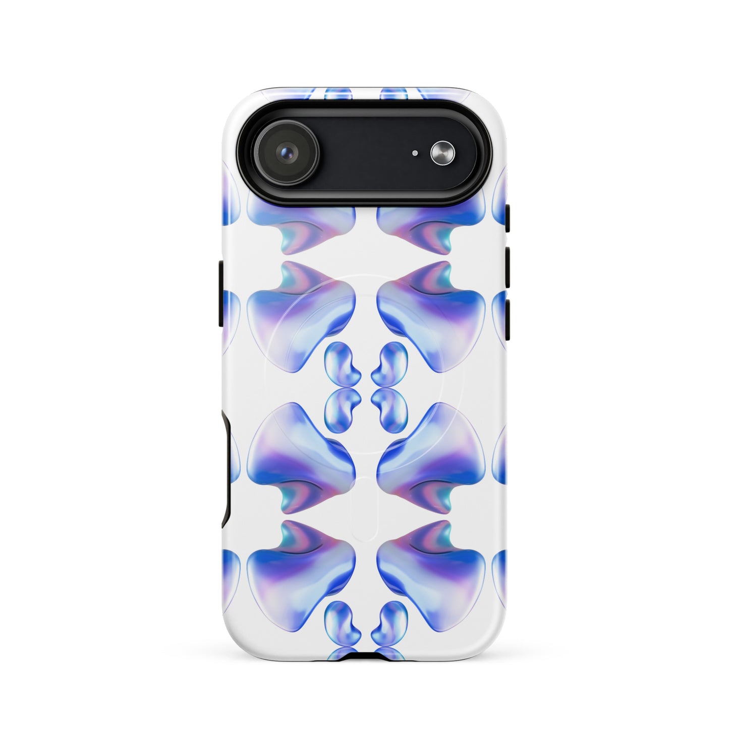 Funda MagSafe® VOOM para iPhone — The Flow Pattern Case con diseño simétrico azul y púrpura sobre fondo blanco.