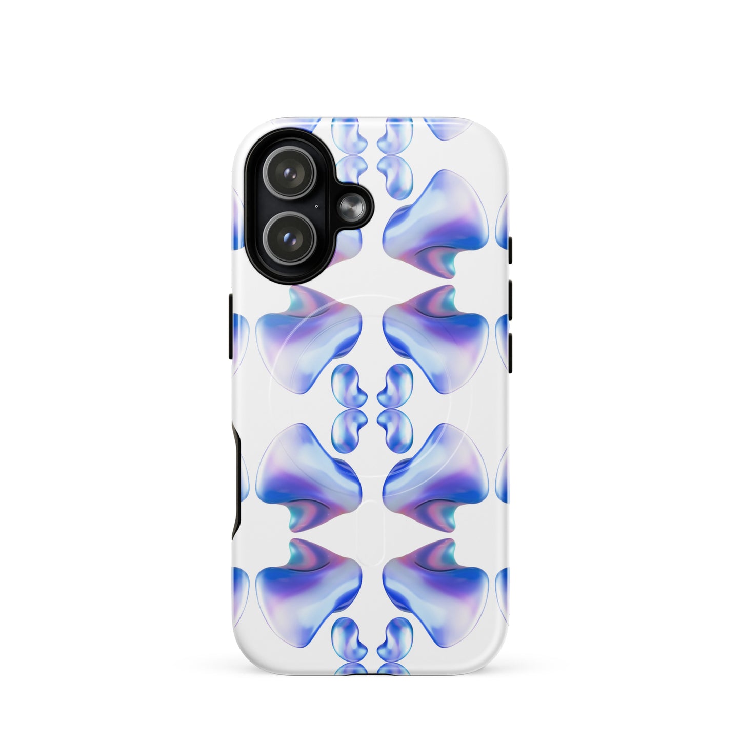 Funda MagSafe® VOOM para iPhone — The Flow Pattern Case con diseño abstracto azul y morado sobre fondo blanco.
