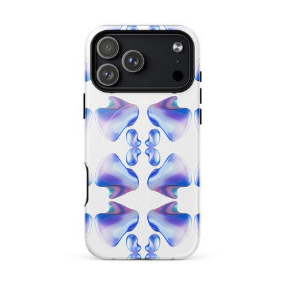 Funda MagSafe® VOOM para iPhone — The Flow Pattern Case con diseño abstracto simétrico en tonos azul y púrpura sobre fondo blanco.