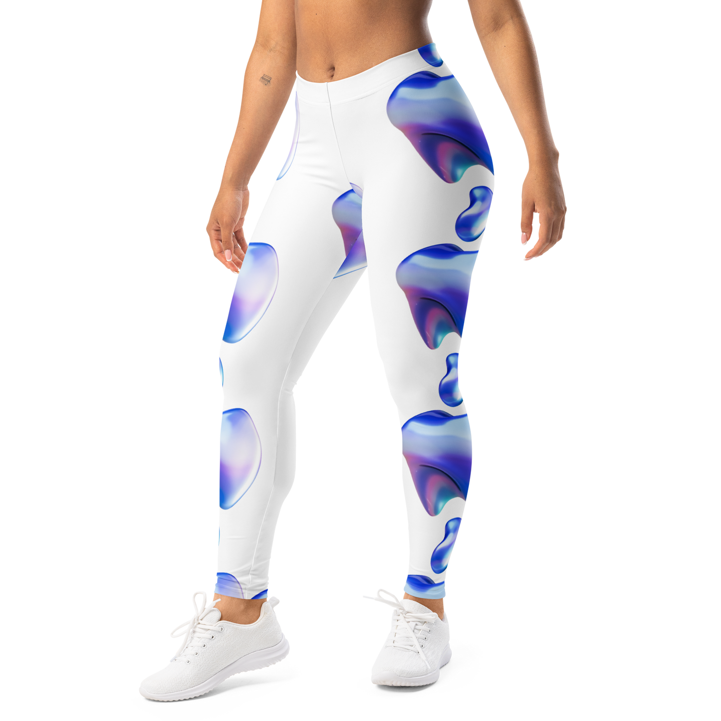 Leggings VOOM — The Flow Form en vista frontal con diseño abstracto azul y morado sobre fondo blanco limpio