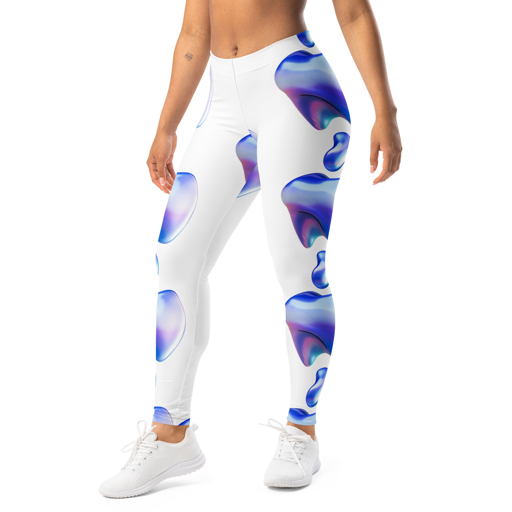 Leggings VOOM — The Flow Form en vista frontal con diseño abstracto azul y morado sobre fondo blanco limpio