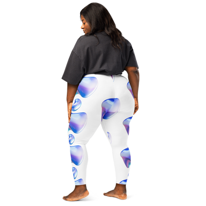 Persona curvy vistiendo los leggings VOOM The Flow Form vista desde atrás, con patrón fluido en tonos azul, violeta y celeste sobre fondo blanco.