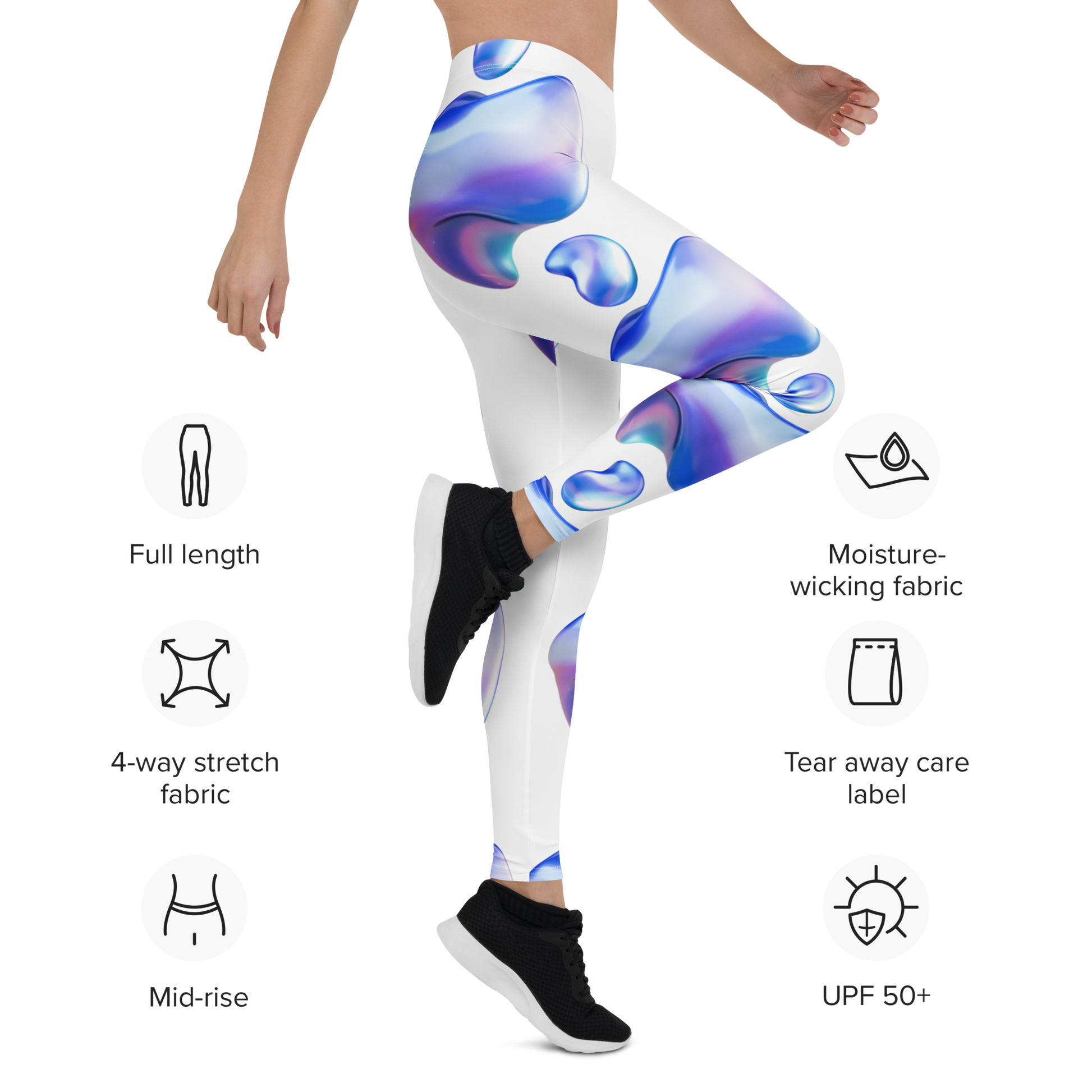 Leggings VOOM — The Flow Form en perfil derecho con diseño abstracto azul y morado y características técnicas visibles