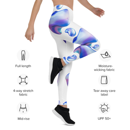 Leggings VOOM — The Flow Form en perfil derecho con diseño abstracto azul y morado y características técnicas visibles