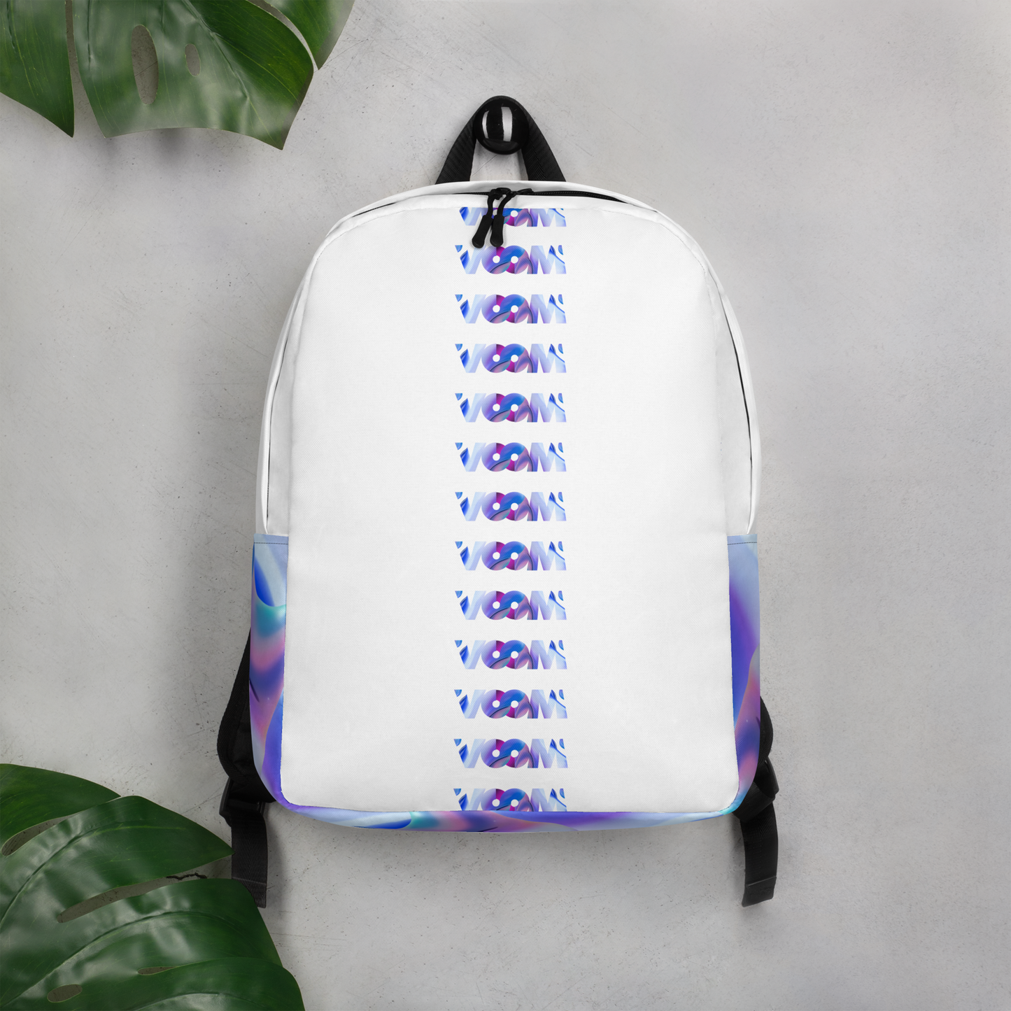 Mochila Blanca VOOM — The Flow Carrier con diseño vertical en tonos morados y azules, detalle moderno y compacto.