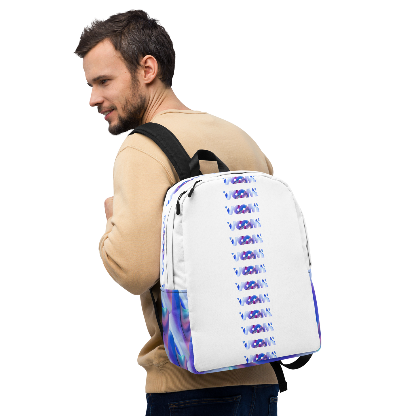 Hombre de perfil usando Mochila Blanca VOOM — The Flow Carrier con diseño vertical y detalles en tonos vibrantes y modernos