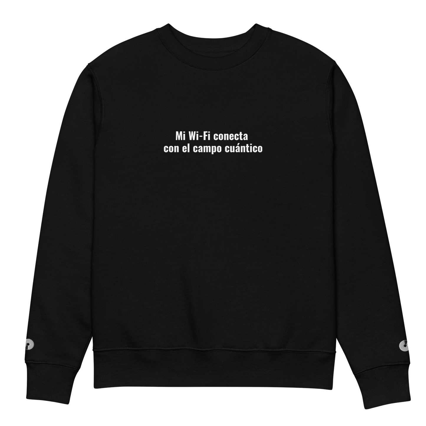 Sudadera Eco VOOM — Quantum Field Connection negra con texto blanco centrado sobre algodón orgánico peinado y hilado en anillos