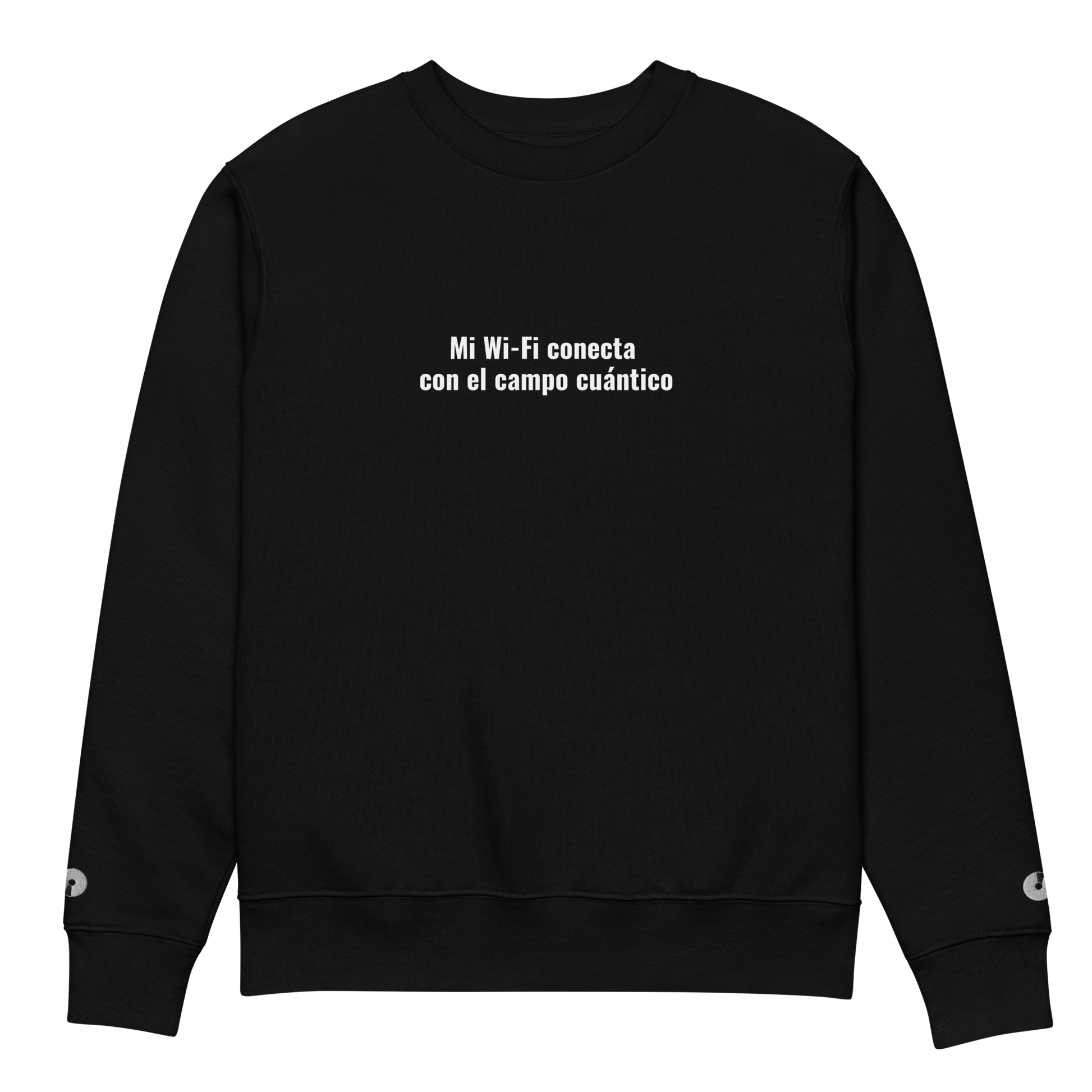 Sudadera Eco VOOM — Quantum Field Connection negra con texto blanco centrado sobre algodón orgánico peinado y hilado en anillos