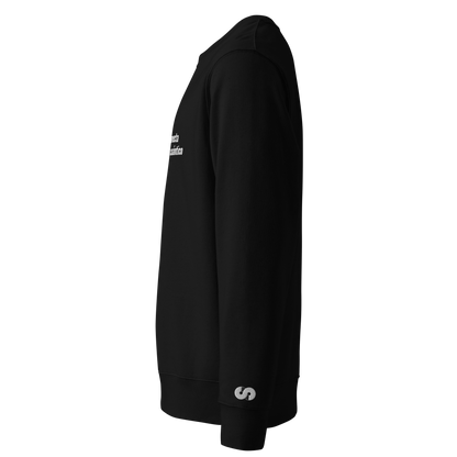 Perfil lateral derecho de Sudadera Eco VOOM — Quantum Field Connection negra con letra bordada en la manga derecha