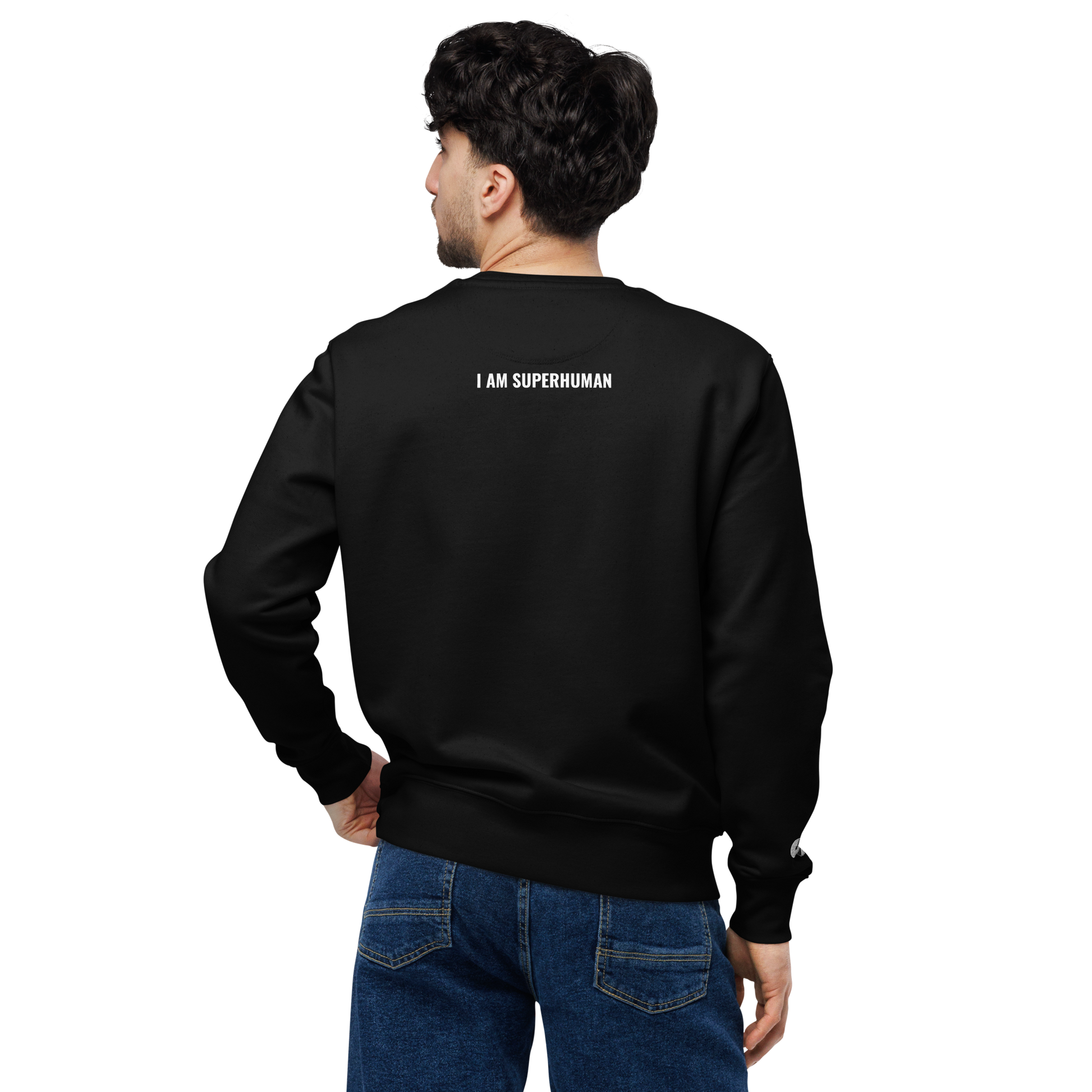 Hombre mostrando la espalda con Sudadera Eco VOOM — Quantum Field Connection negra y texto blanco "I AM SUPERHUMAN