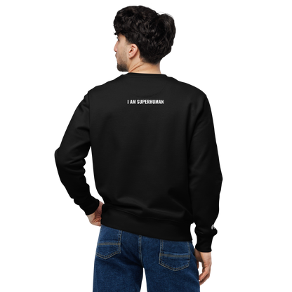 Hombre mostrando la espalda con Sudadera Eco VOOM — Quantum Field Connection negra y texto blanco "I AM SUPERHUMAN