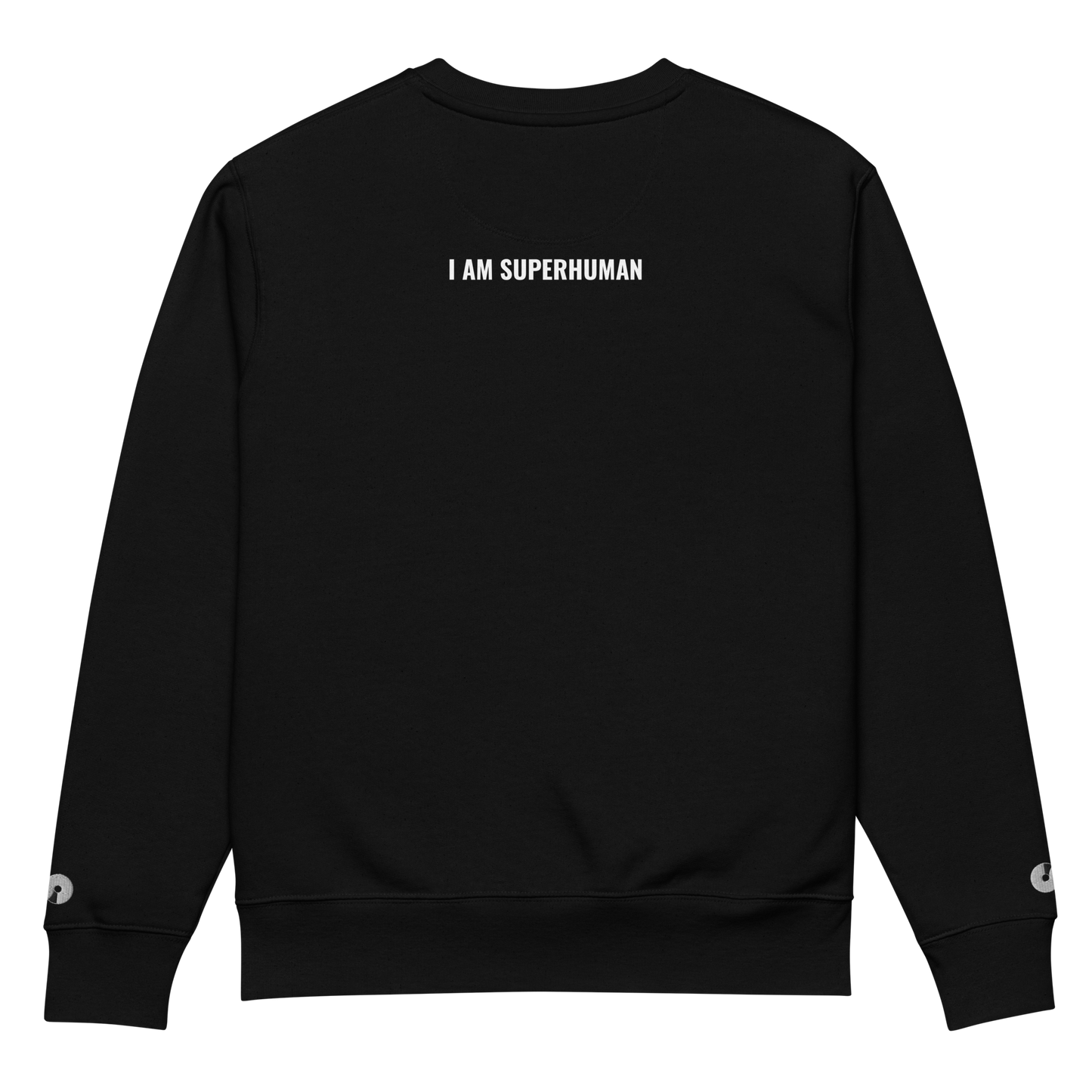 Sudadera Eco VOOM — Quantum Field Connection negra vista trasera con texto bordado "I AM SUPERHUMAN" al centro superior