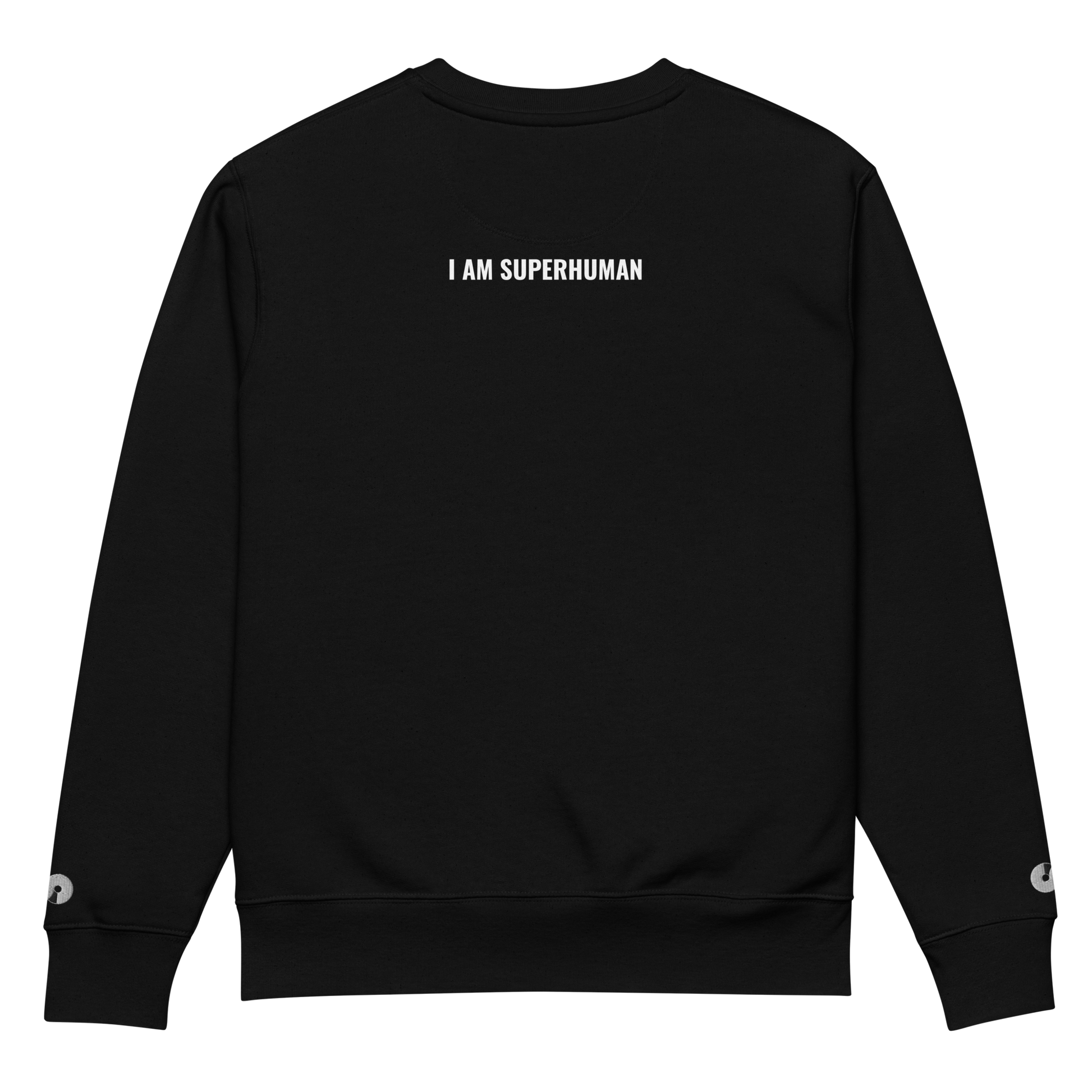 Sudadera Eco VOOM — Quantum Field Connection negra vista trasera con texto bordado "I AM SUPERHUMAN" al centro superior