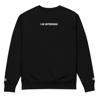 Sudadera Eco VOOM — Quantum Field Connection negra vista trasera con texto bordado "I AM SUPERHUMAN" al centro superior