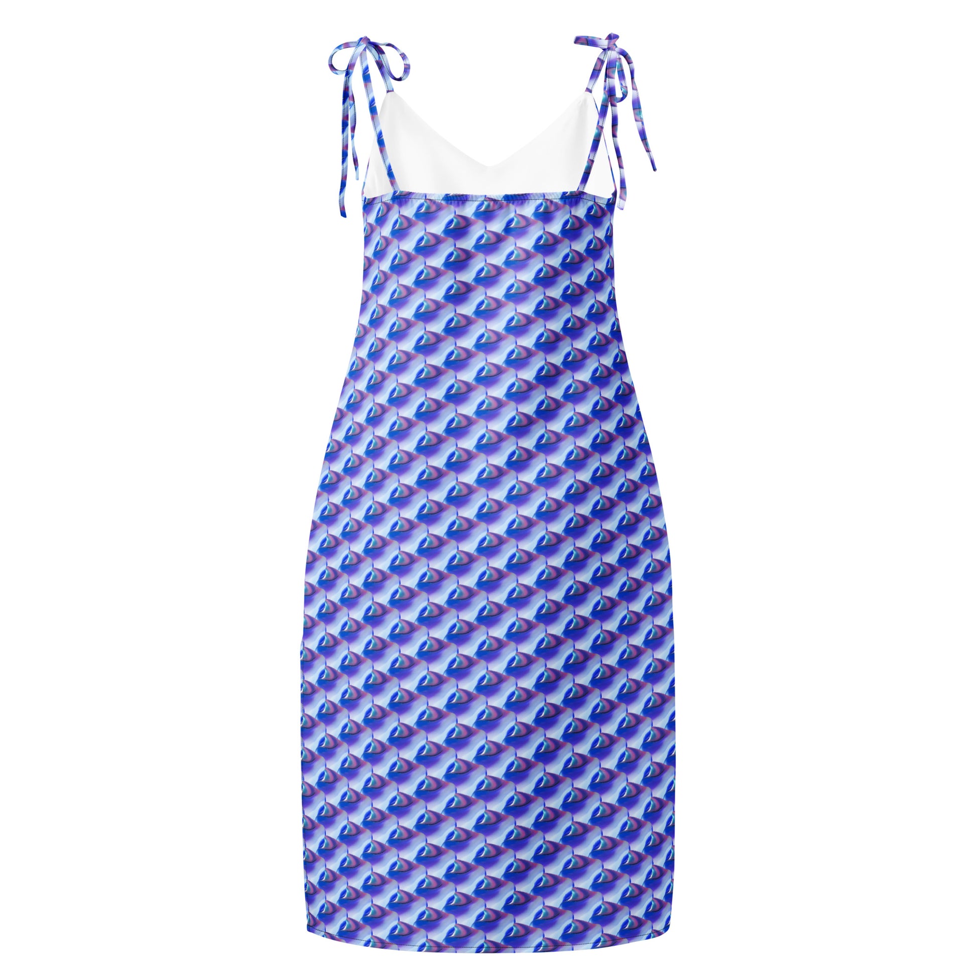 Vestido Midi VOOM — The Liquid Pattern con tirantes anudados y estampado abstracto azul en corte fluido midi sin mangas